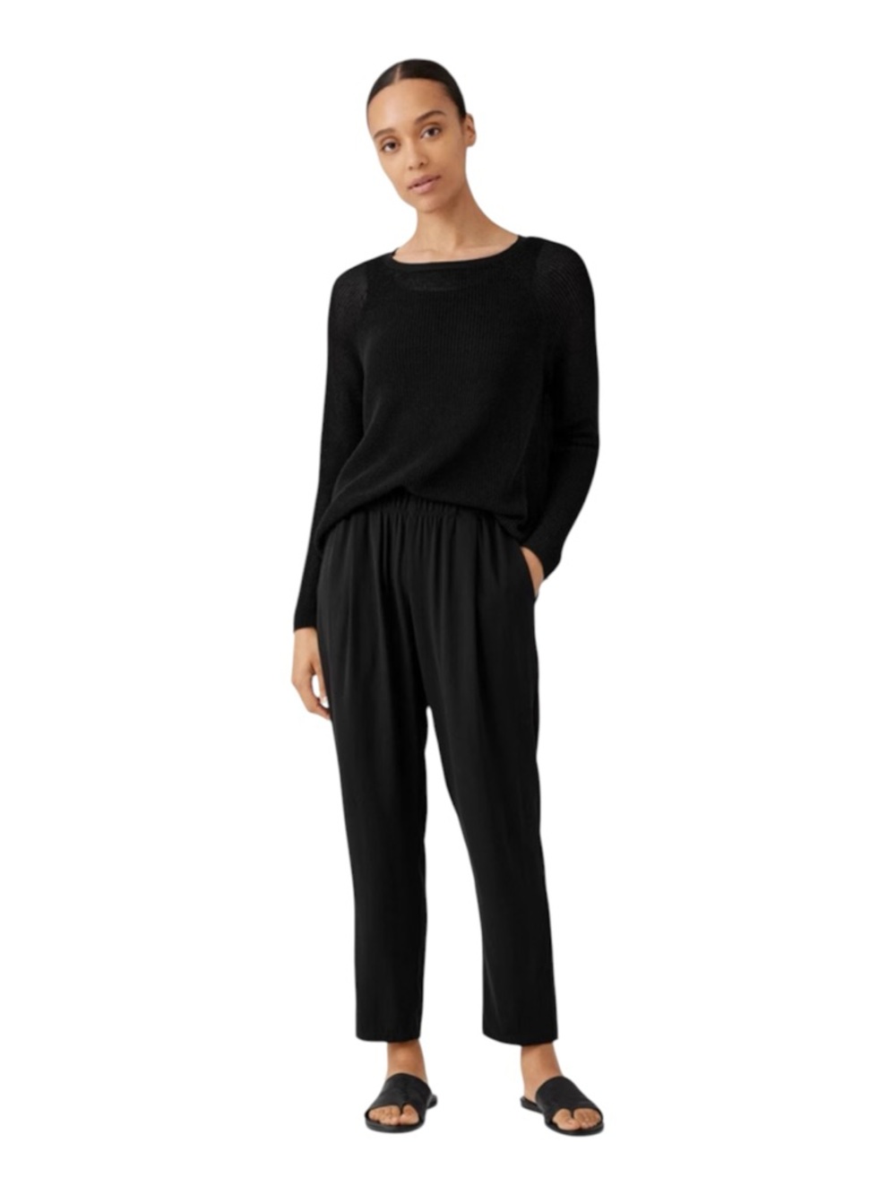 Eileen Fisher Silk Georgette Crepe Tapered Ankle Pants Black Women’s Large